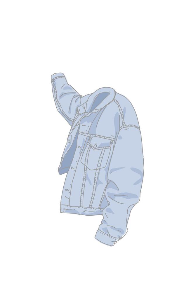 Denim jeans jacket in blue side view of the back issolated on white. Jacket mockup vector