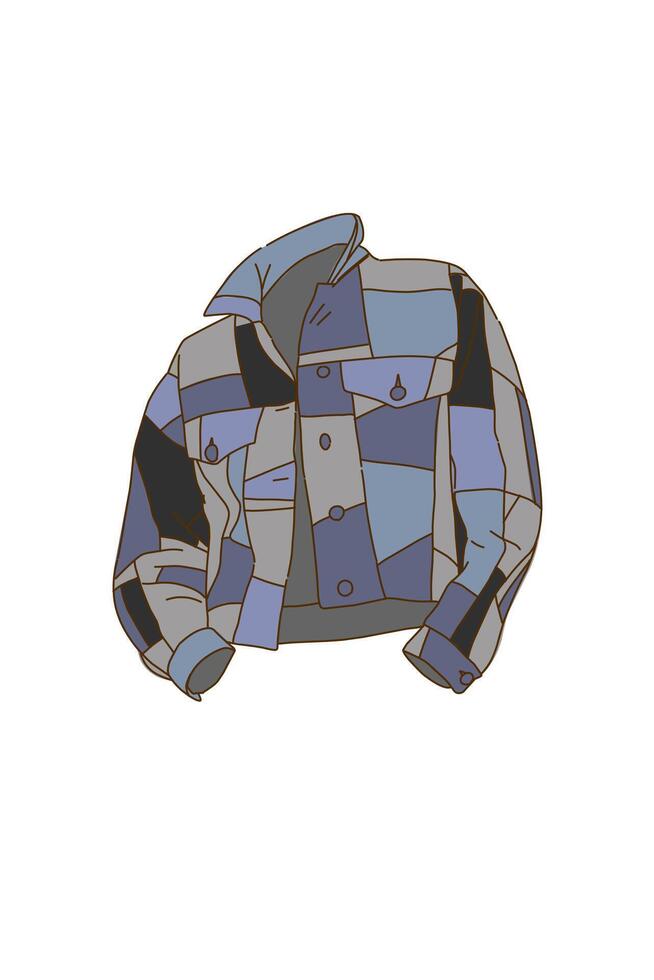 Denim jeans jacket in blue Patchwork from front view issolated on white. Jacket mockup vector