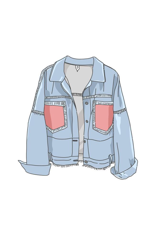 Cool Denim jeans jacket in blue and pink pockets issolated on white. Cloth mockup vector