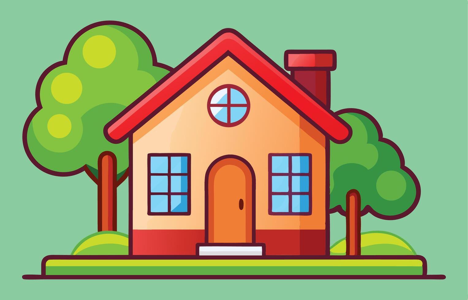 Cartoon style colorful house with red roof green trees vibrant scene with child friendly illustration vector