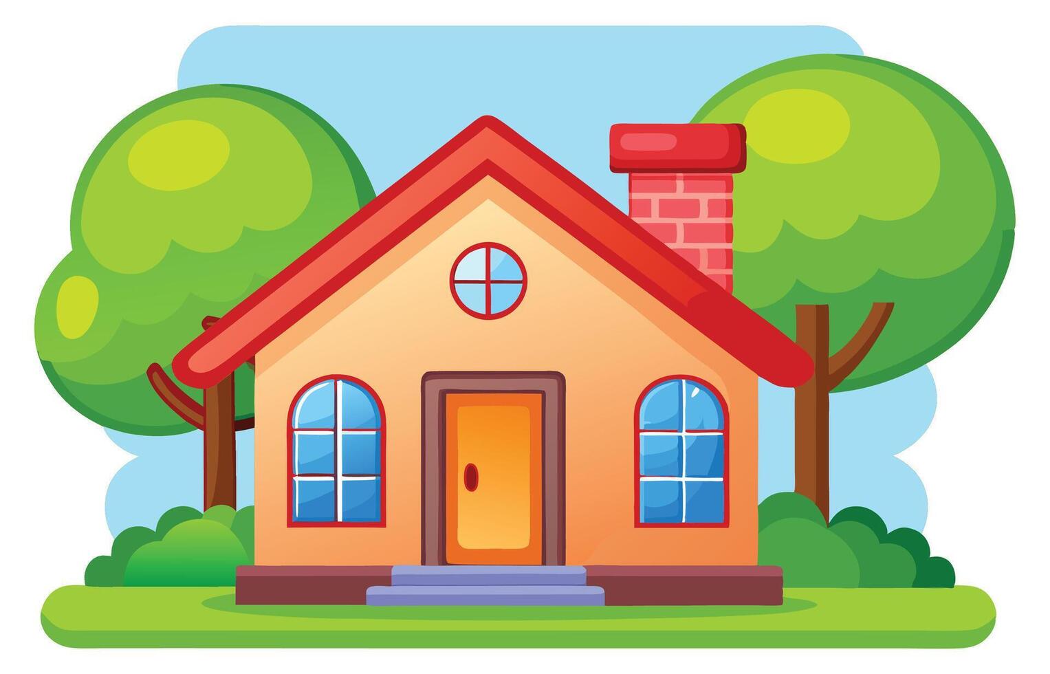 Charming cartoon house with vivid red roof green trees and clean lines in a fun and joyful setting vector