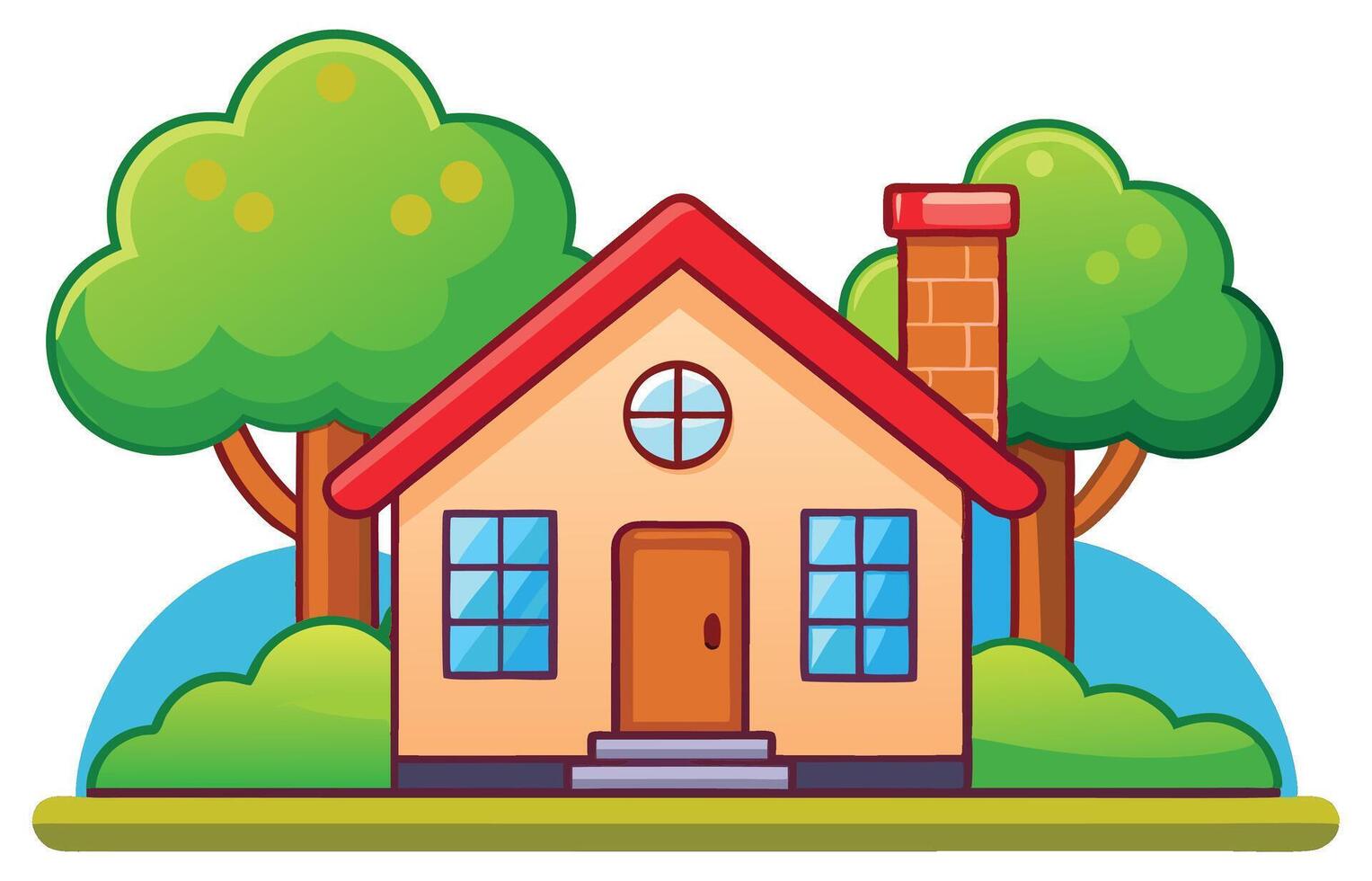 Red roof house in cartoon world with trees and bright facade in playful and colorful illustration style vector