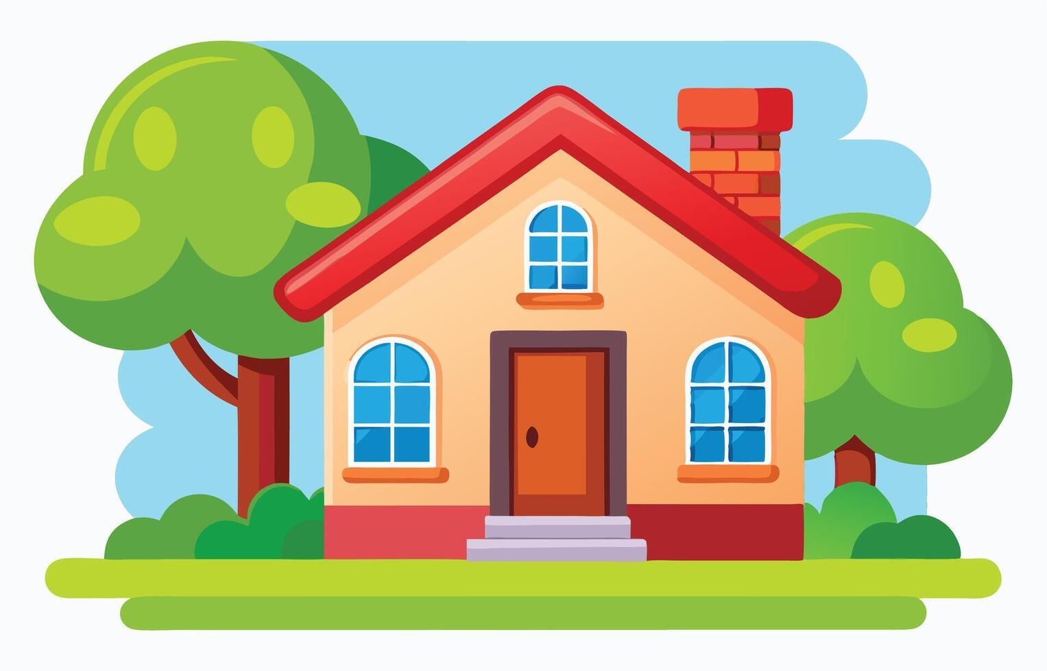 Whimsical house with red roof and trees around drawn in cartoon style with a playful fun design look vector