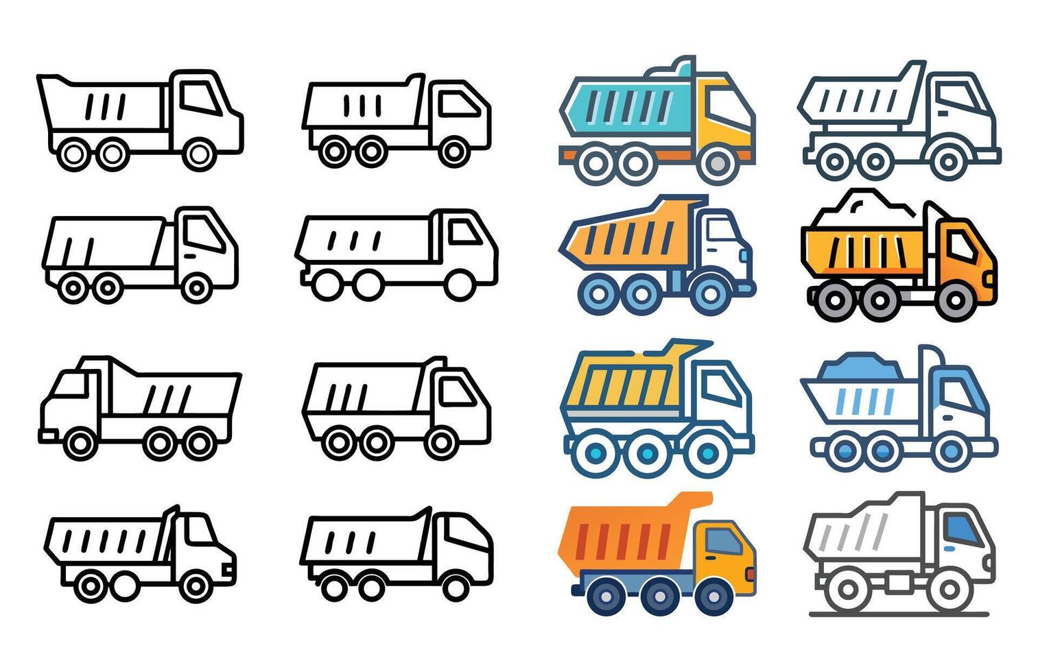 Colorful construction machinery icons in cartoon illustration with bold lines and simple flat style vector
