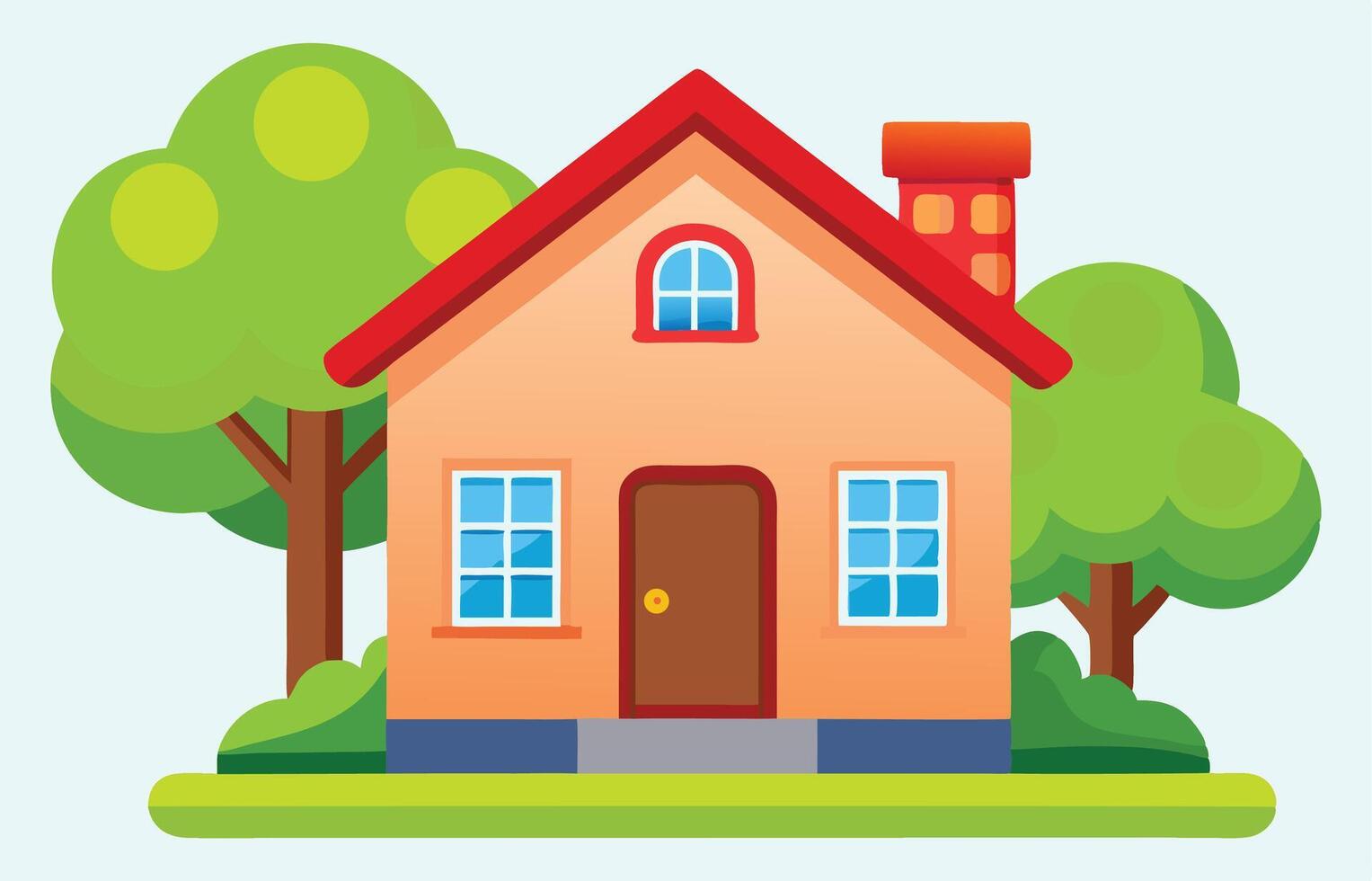 Cute red roof home cartoon style with trees and greenery bright and simple friendly illustration vector