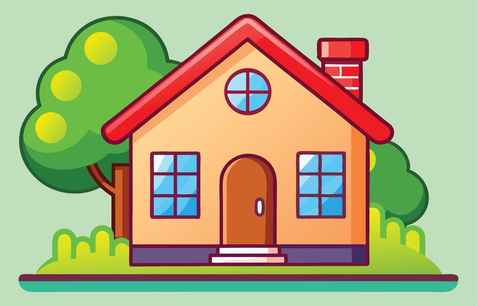 Cartoon illustration of a red roof house surrounded by trees with vibrant colors and fun style lines vector