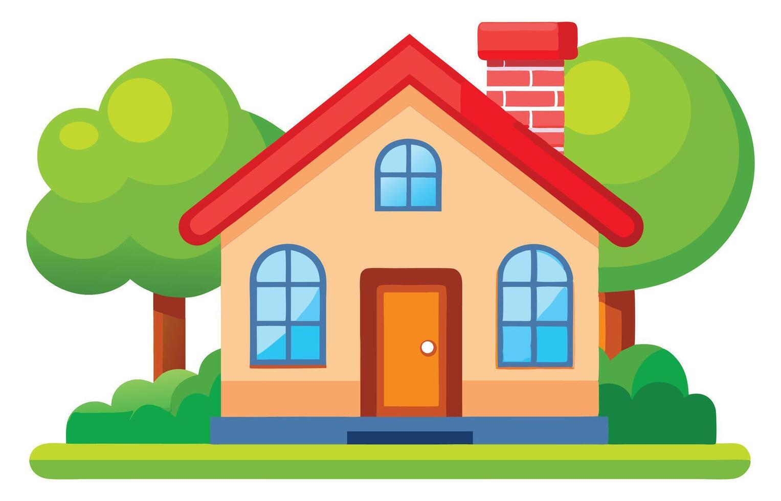 Colorful cartoon home with red roof and simple chimney among green trees and clean outlined style vector