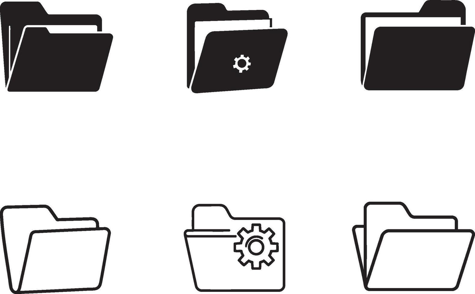 A collection of six folder icons in various styles, featuring configuration gear symbols and minimalist designs, ideal for illustrating file management and computer interface visuals. vector