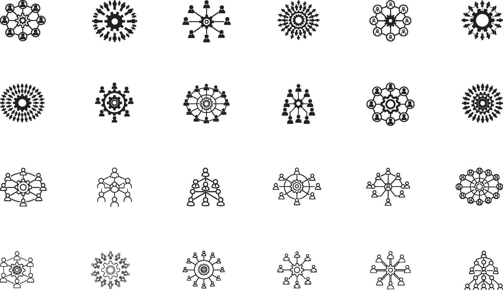 Collection of Business Team Icon Illustrations Representing Organizational and Communication Network Models vector