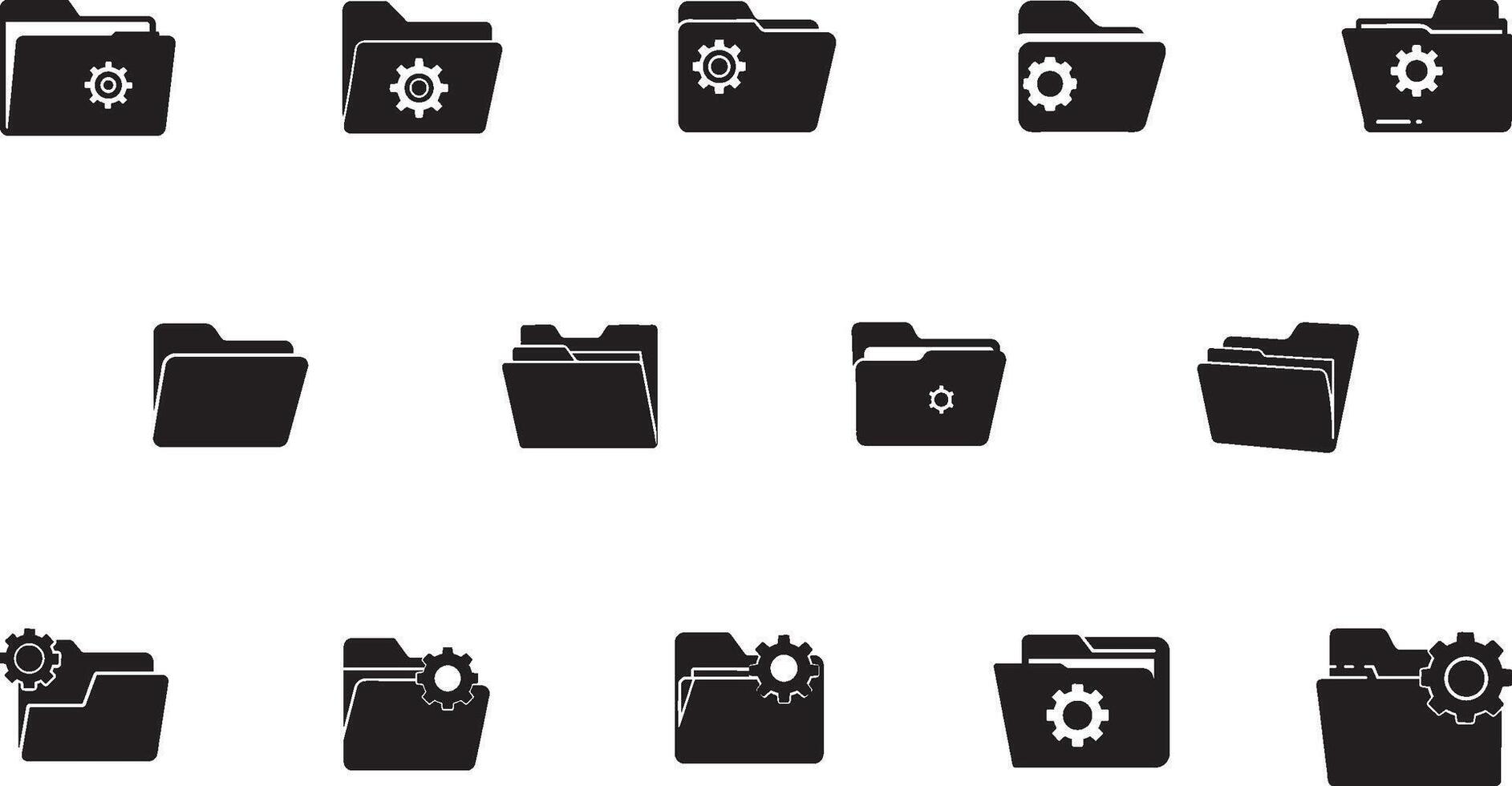 A collection of minimalist black folder icons featuring gear symbols, depicting settings, organization, and file management, ideal for design projects, UI elements, or educational materials. vector