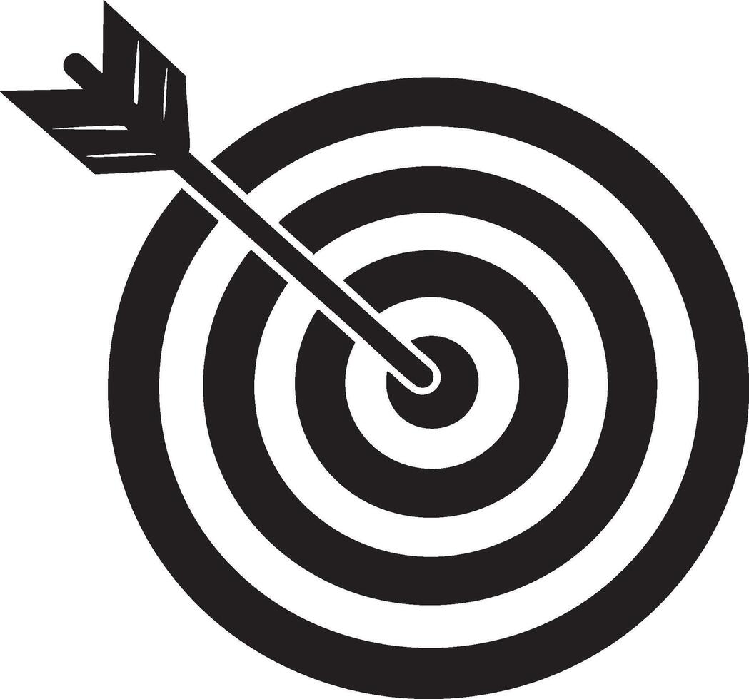 Black and white vector-style depiction of an arrow hitting the bullseye, symbolizing precision, success, and achievement in goals. vector