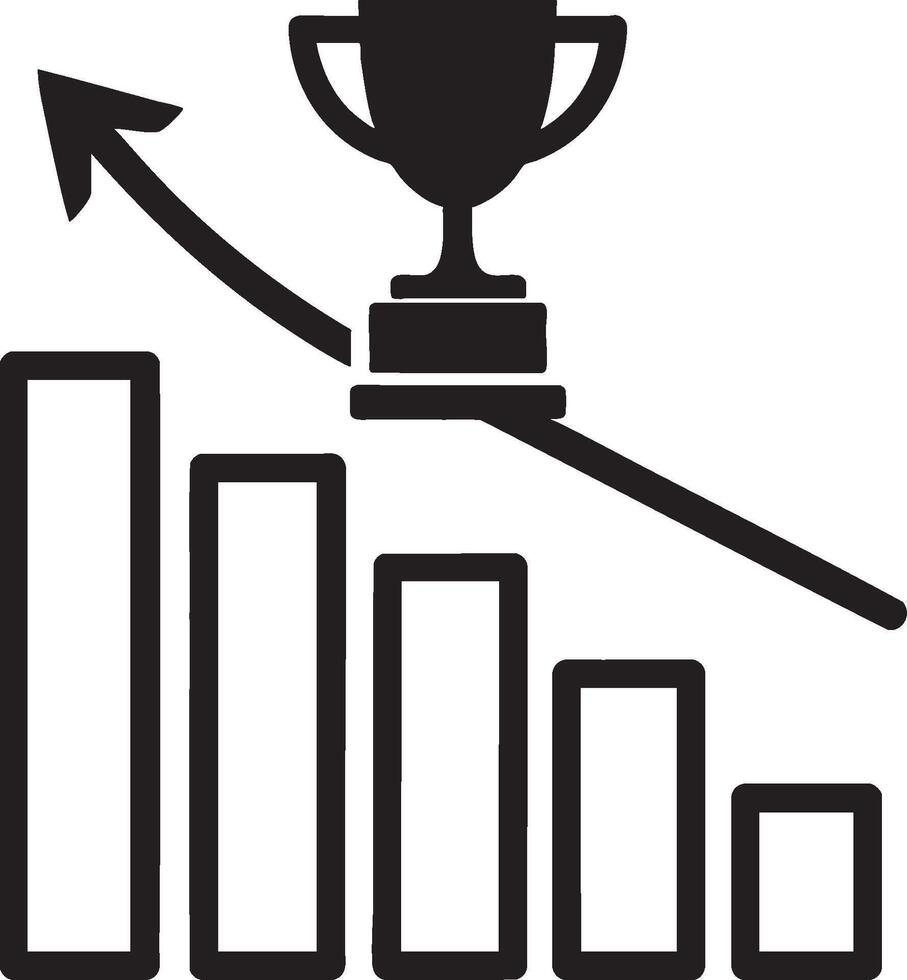Minimalistic icon featuring a bar chart with upward arrow and trophy top. Symbolizes progress, success, achievement, and investments. Design suitable for business presentations, infographic materials. vector