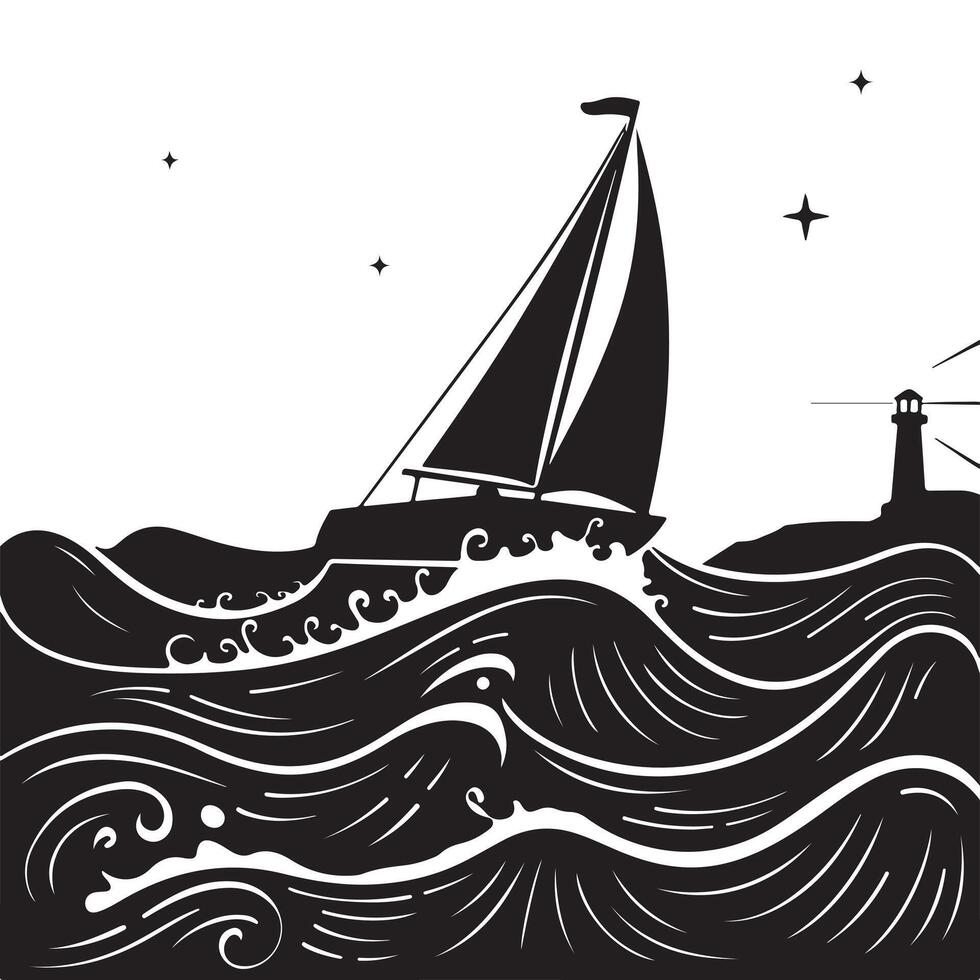Silhouette of Sailboat and Lighthouse Under Night Sky with Rolling Ocean Waves vector