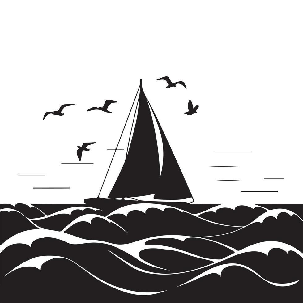 Sailing Boat Silhouette in Black and White on Rolling Waves vector