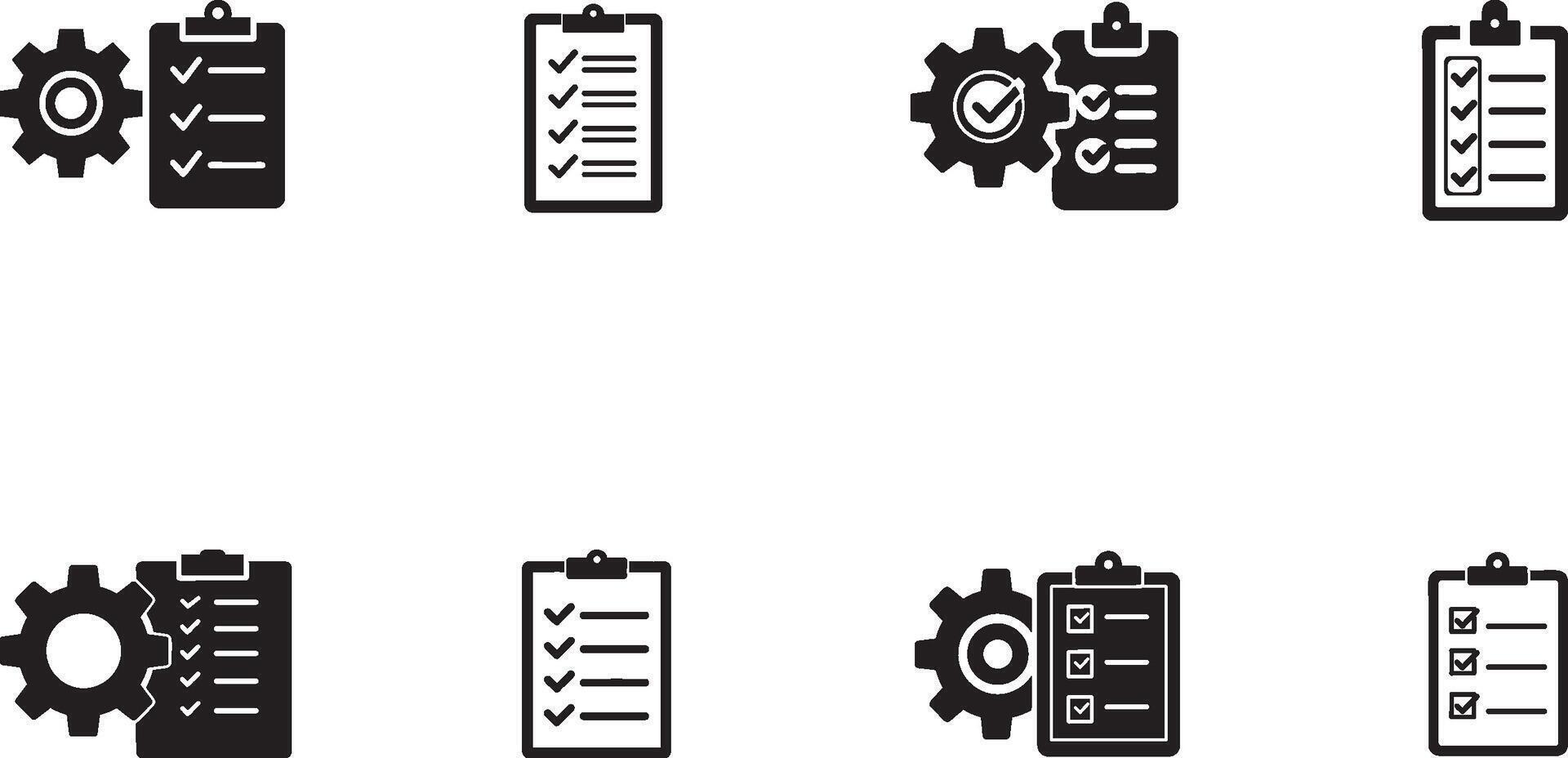 Set of various checklist symbols combined with a gear icon representing tasks and completion. vector