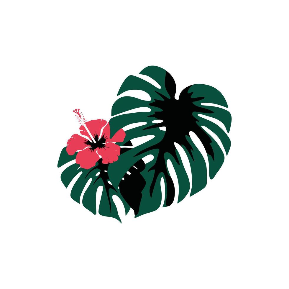 Tropical Monstera Leaf and Hibiscus Flower Minimalist Illustration vector