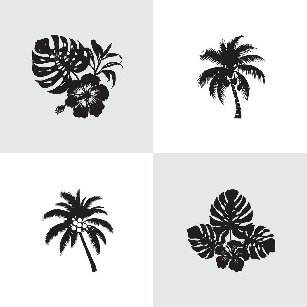Set of Tropical Palm Trees and Hibiscus Illustrations in Black Silhouette Style vector