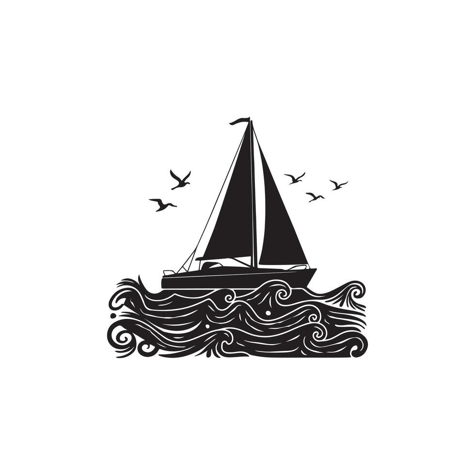 Sailboat on Ocean Waves with Flying Birds in Black and White vector