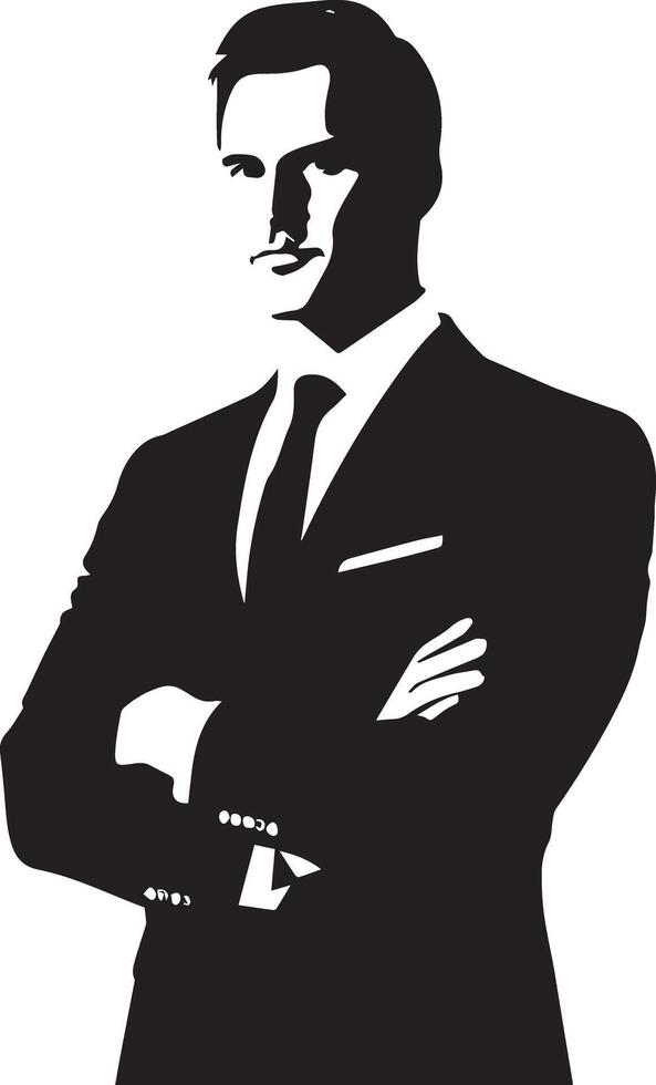 A confident man, likely in his 30s, is depicted in a grayscale, stylized illustration vector