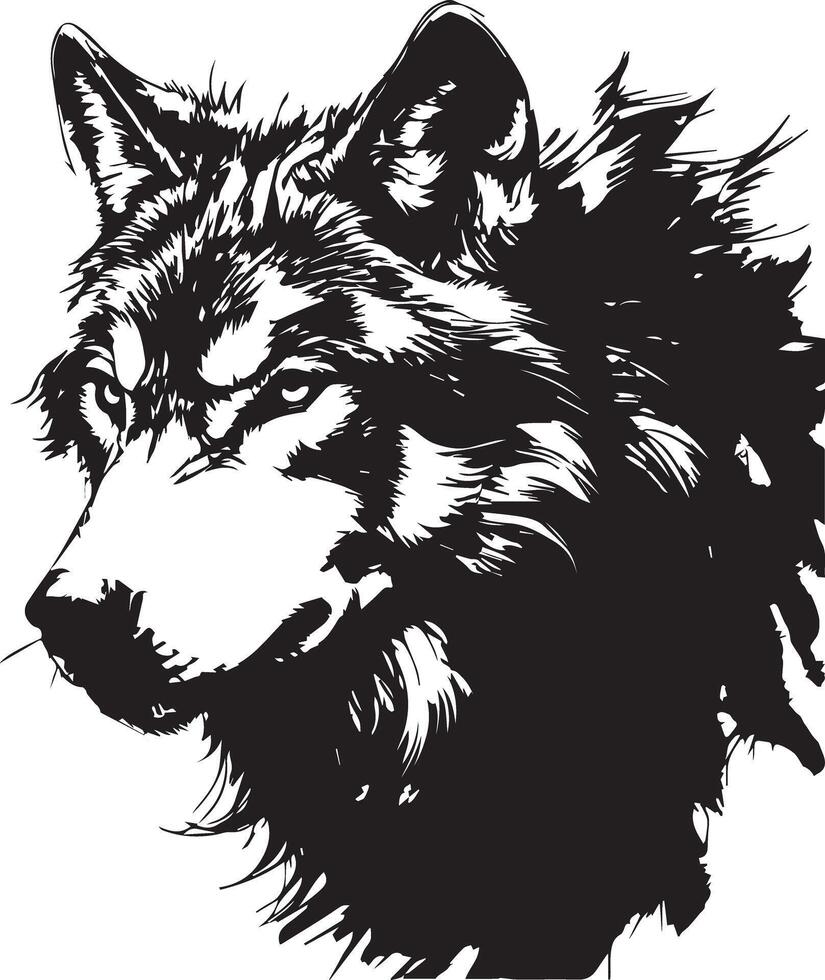 A detailed grayscale drawing of a wolf's head. vector