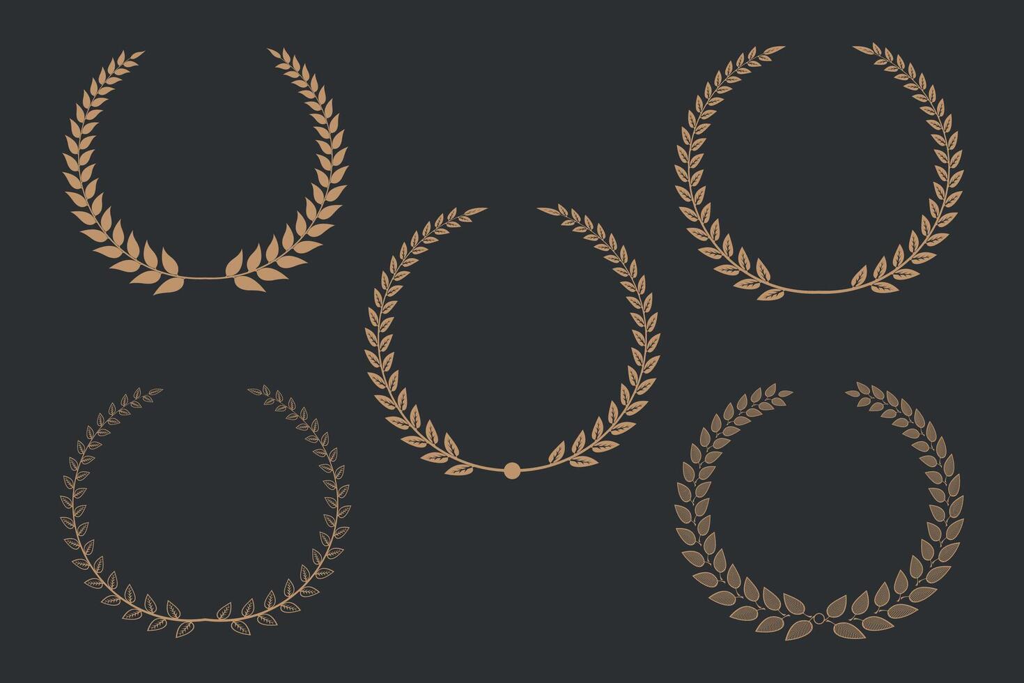 Set of silhouette circular laurel foliate and wheat floral wreaths template design with golden vector