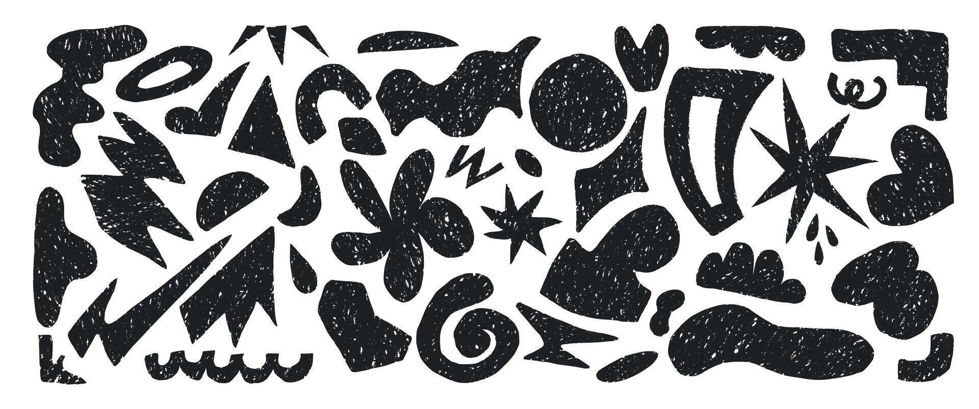 Dynamic and abstract shapes in black create this illustration, ideal for modern designs. Hand drawn primitive shapes in charcoal. Black shapes drawn in crayon vector