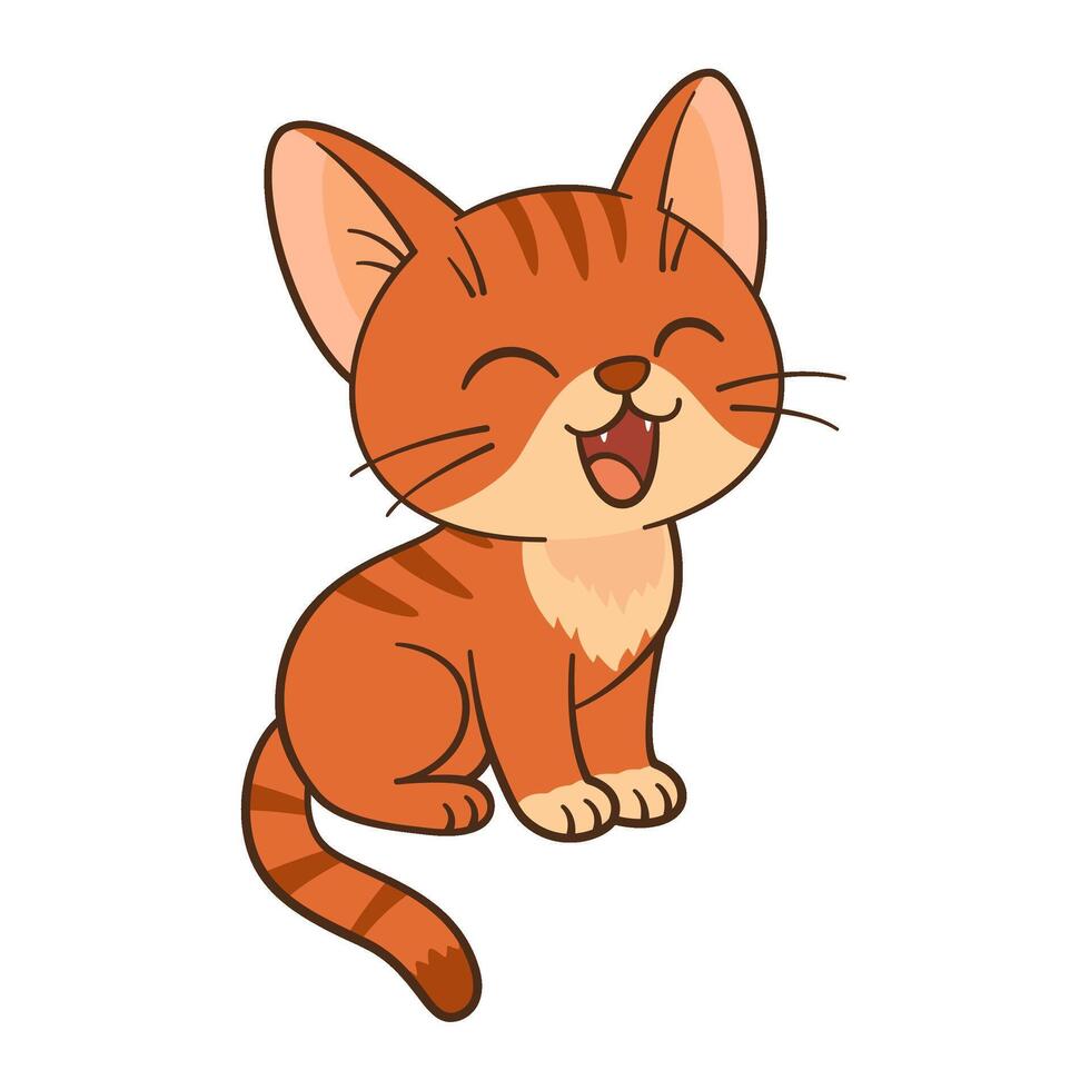 Cute orange tabby kitten sits and meows. Flat cartoon style, clean, simple, adorable feline graphic. Perfect for children content, greeting cards, stickers, or tshirts, mugs, and posters vector