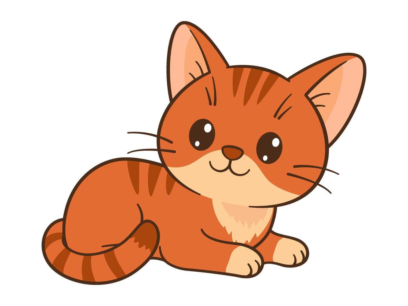 Cute orange tabby kitten is lying down. Chibi cat. Flat style, clean, simple, adorable feline graphic. Perfect for childrens content, greeting cards, stickers, or tshirts, mug and posters vector