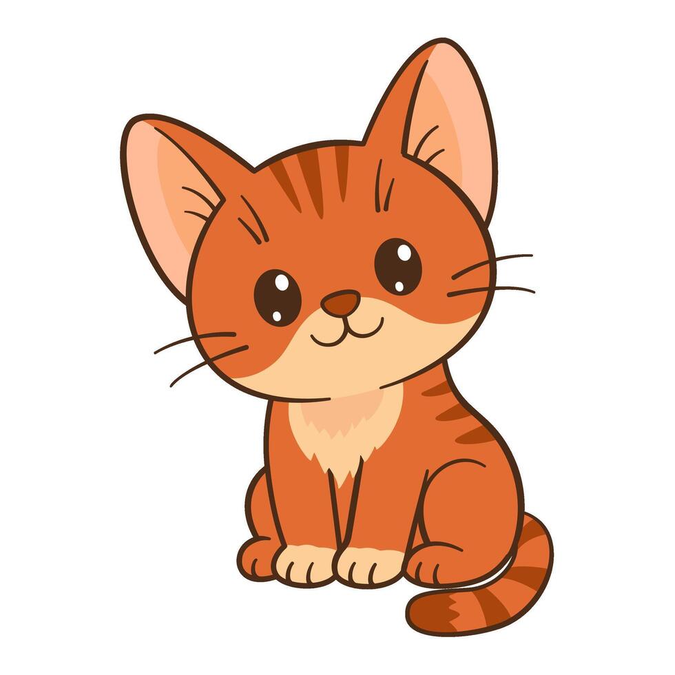 Red cat sits. Cute ginger tabby kitten. Flat style Chibi cat clean, simple design. Perfect for childrens content, greeting cards, stickers, tshirts, mug and posters illustration vector