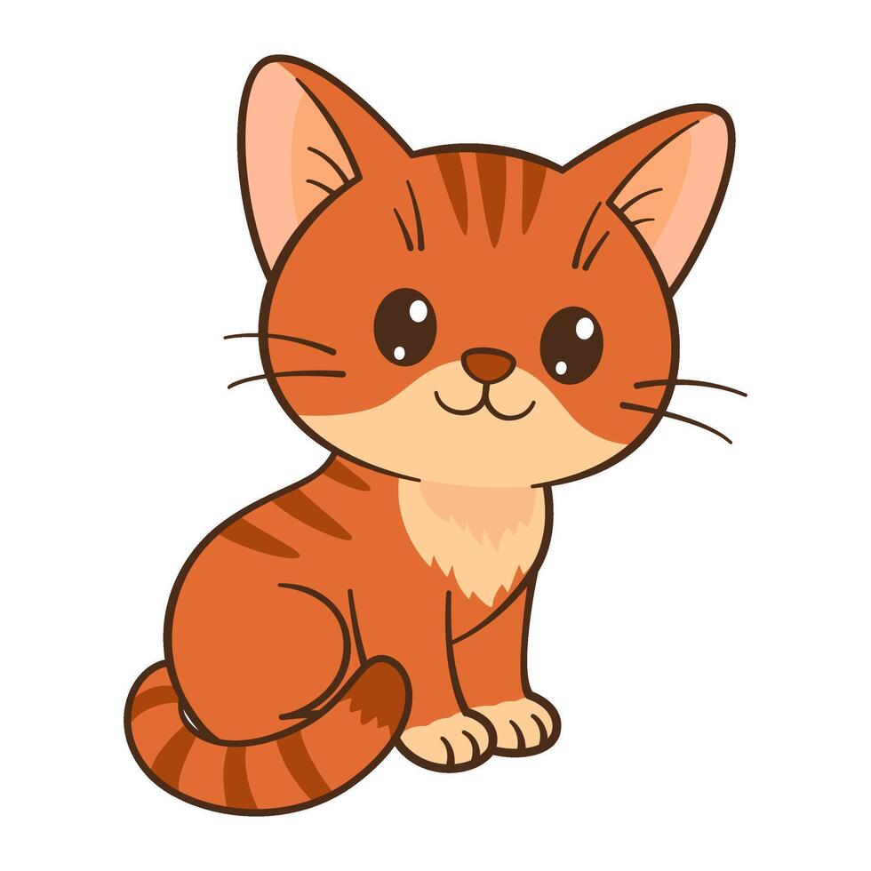 Red cat sits. Cute ginger tabby kitten. Flat style Chibi cat clean, simple design. Perfect for childrens, greeting cards, stickers, tshirts, mug and posters illustration vector