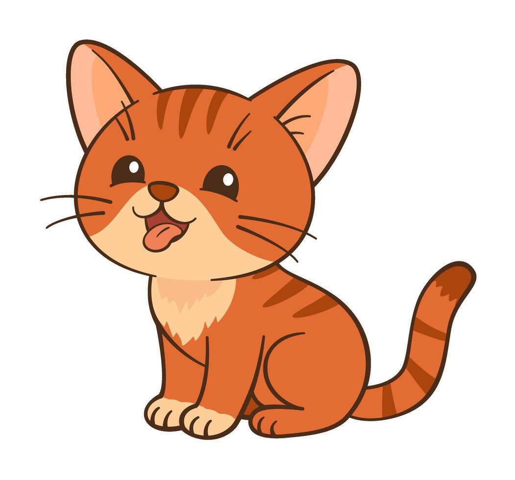 Red cat sits with tongue out. Cute ginger tabby kitten. Flat style Chibi cat clean, simple design. Ideal for childrens content, greeting cards, stickers, tshirts, mug and posters illustration vector