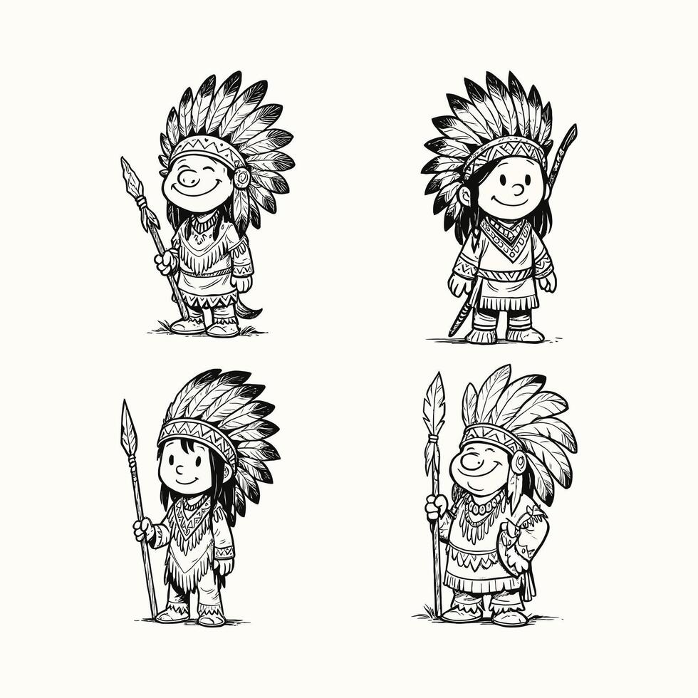 Cute Cartoon Tribal Children with Feathers and Spears vector