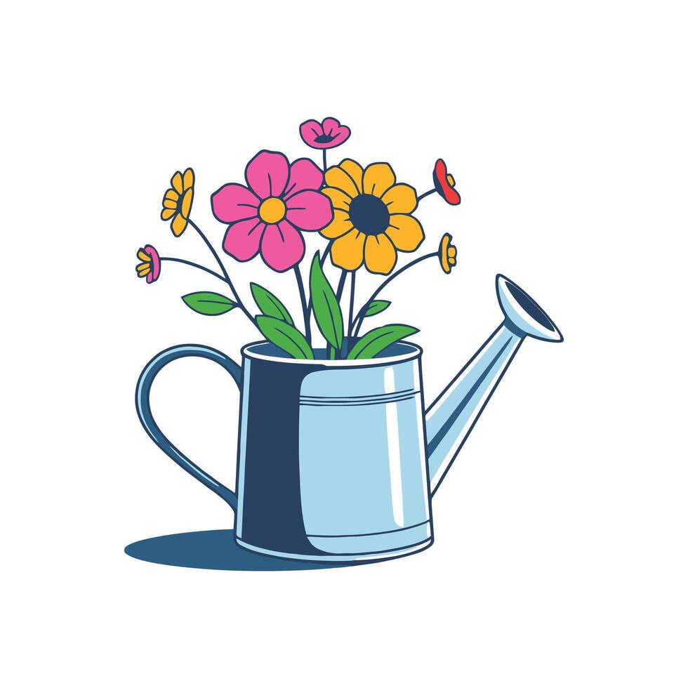 watering can with flowers blooming from it, showing nurturing, growth, and patience vector