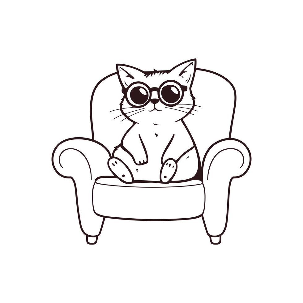 Cute Cartoon Cat Wearing Glasses Sitting Back in a Comfy Armchair Relaxing Feline Character Lounging vector