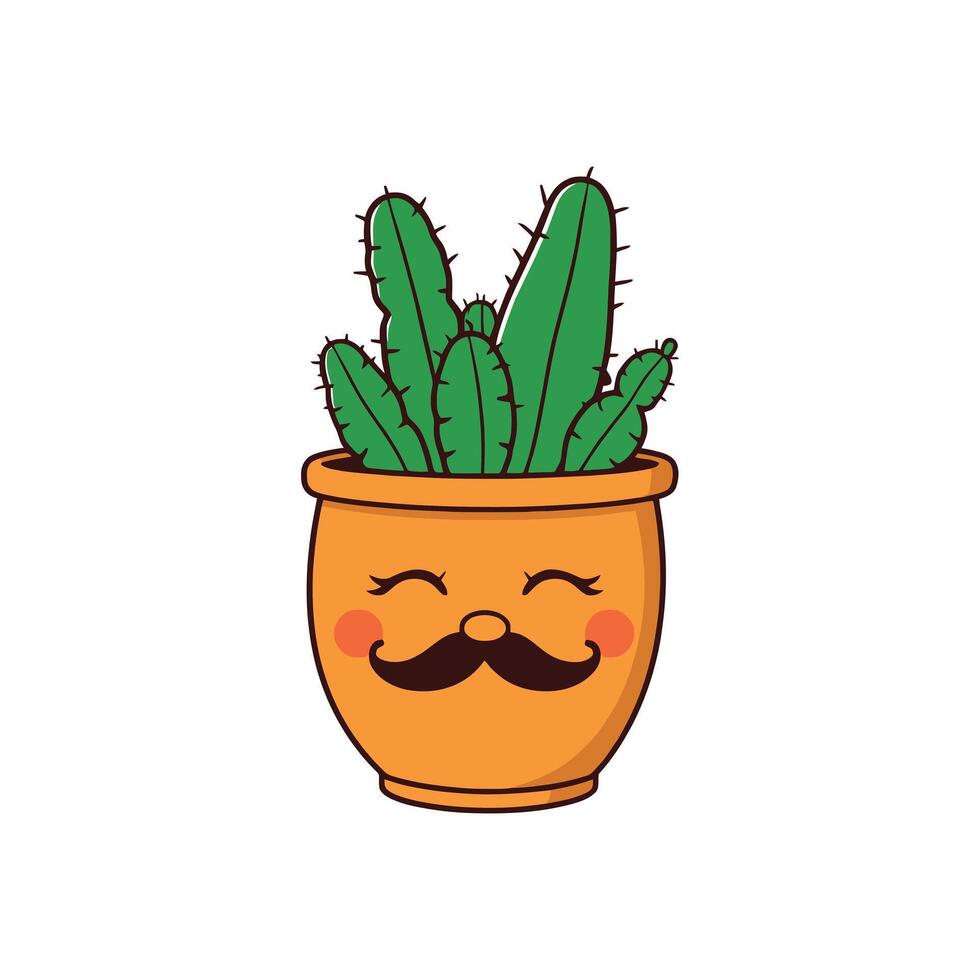 A cheerful tan pot featuring a face with a moustache and sleepy eyes, filled with various cacti symbolizing effort and resilience vector