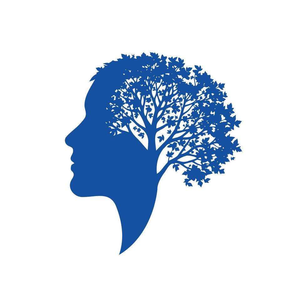 Human Head Profile Silhouette with Growing Tree Representing Thoughts and Growth vector