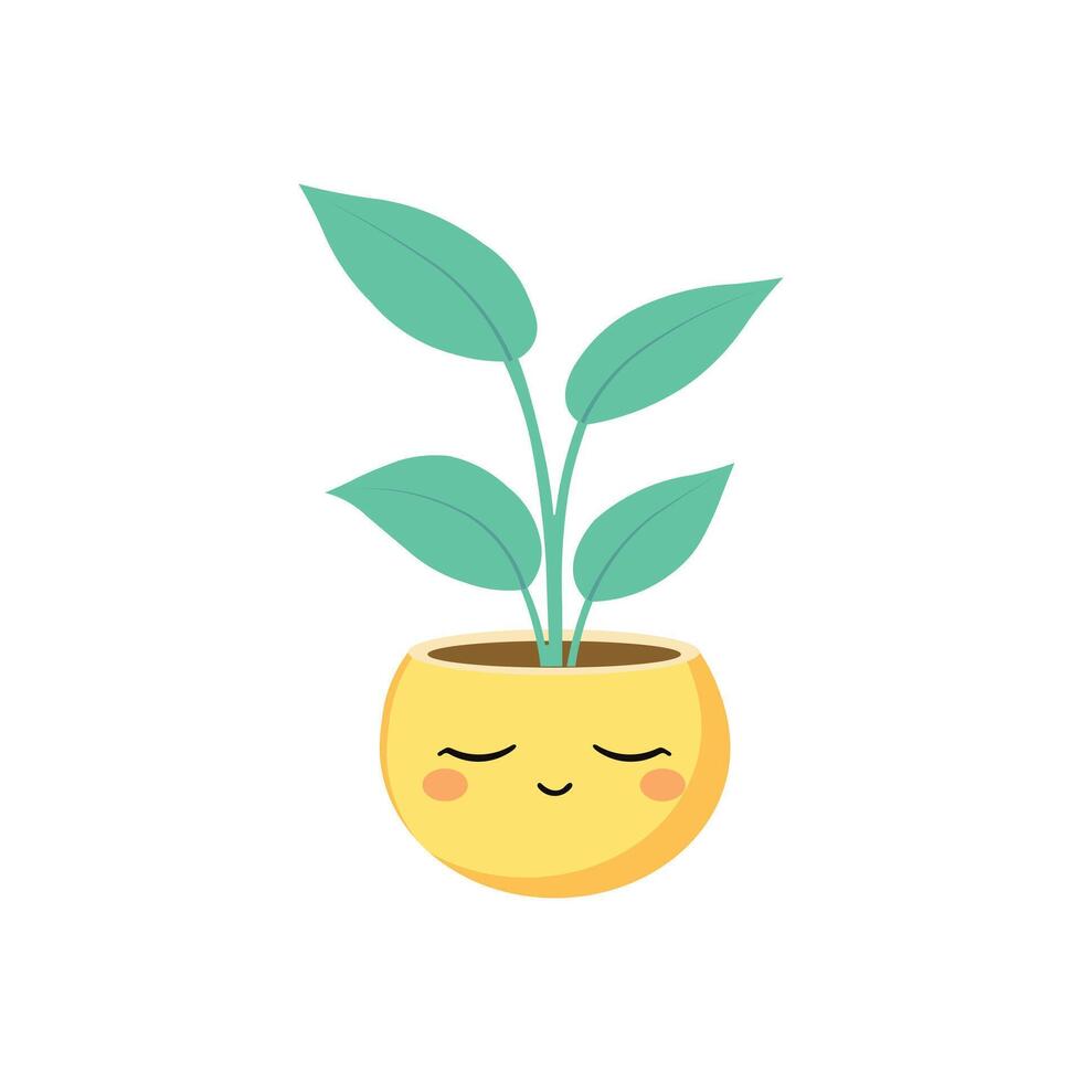 A leafy plant with two large bluish-green leaves growing from a bulb-like, yellow pot with a relaxed, sleepy face vector