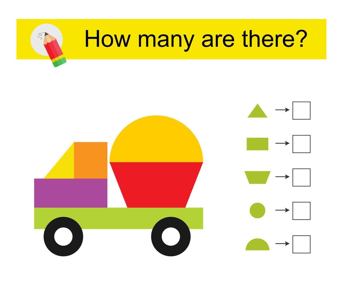 Math activity for kids. How many geometric shapes Cartoon truck. vector