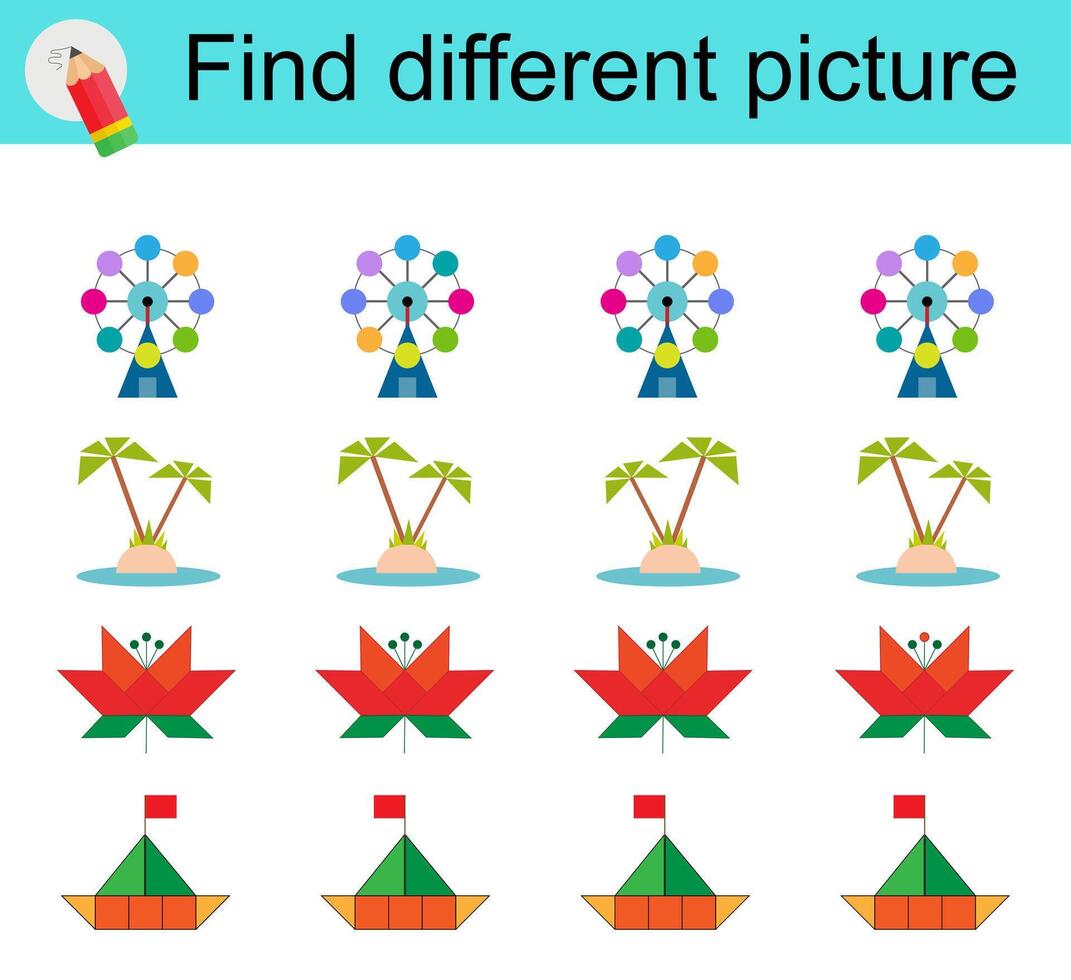 Logic game for children. Find different picture. illustration of the Ferris wheel, palm tree, flower, boat. vector