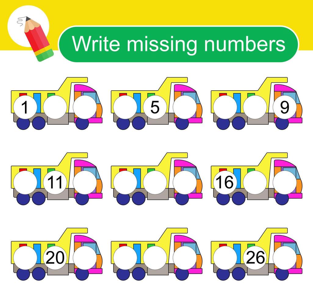 Math activity for children. Activity page for preschoolers. Cartoon dump truck. vector