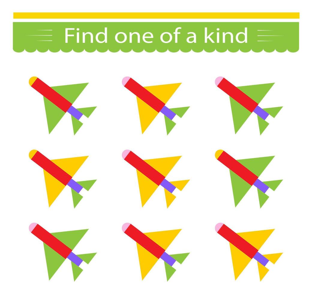Fun education game for kids. Need to find one of a kind airplane. Kids activity page. vector