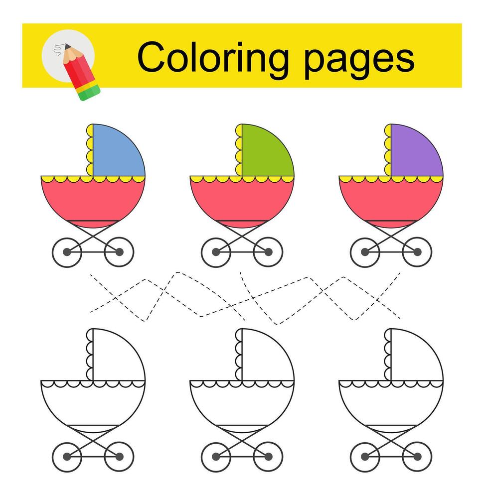 Educational game for kids. Go through the maze and color a cartoon baby carriage according to the pattern. vector