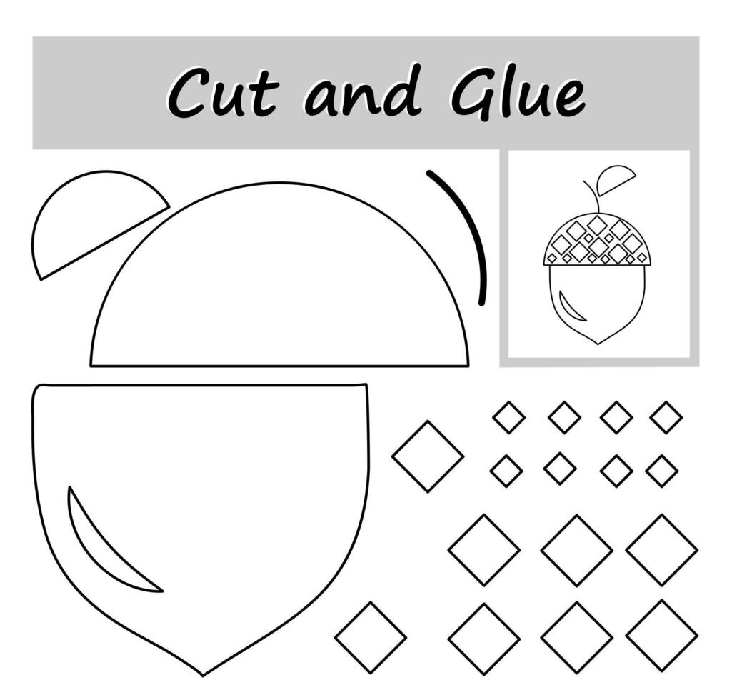 Paper game for kids. DIY worksheet. Color, cut out the parts of the image and glue on the paper. Cartoon acorn. vector