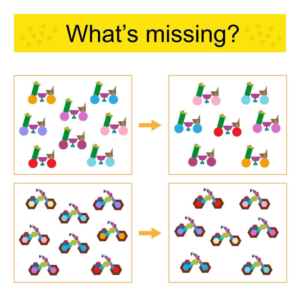 Puzzle game for kids. Task for the development of attention and logic. Find the missing bicycle and motorcycle. vector