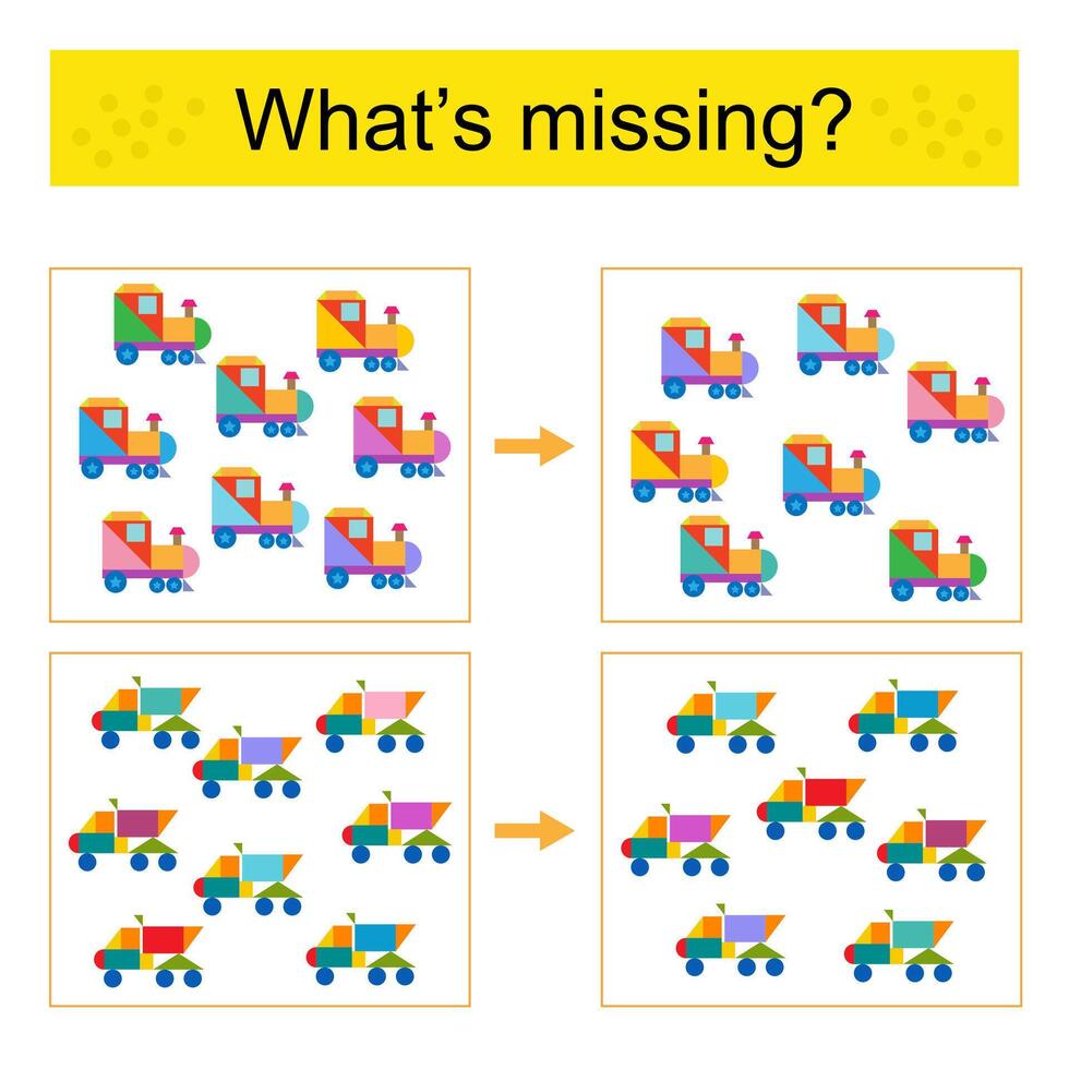 Puzzle game for kids. Task for the development of attention and logic. Find the missing dump truck and locomotive. vector
