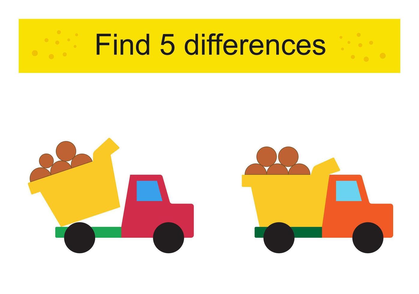 Find 5 differences. Logic puzzle game for kids. Cartoon dump truck. vector