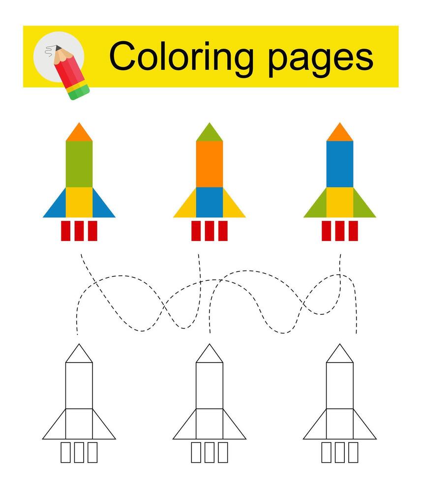 Educational game for kids. Go through the maze and color a cartoon rocket ship according to the pattern. vector