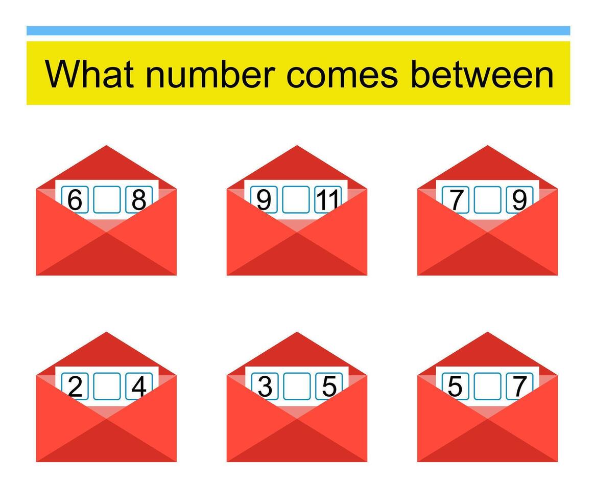 What number comes between. Math worksheets for children illustration of the envelope. vector