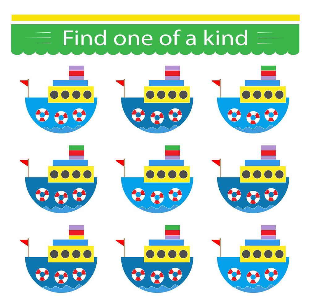 Fun education game for kids. Need to find one of a kind ship. Kids activity page. vector