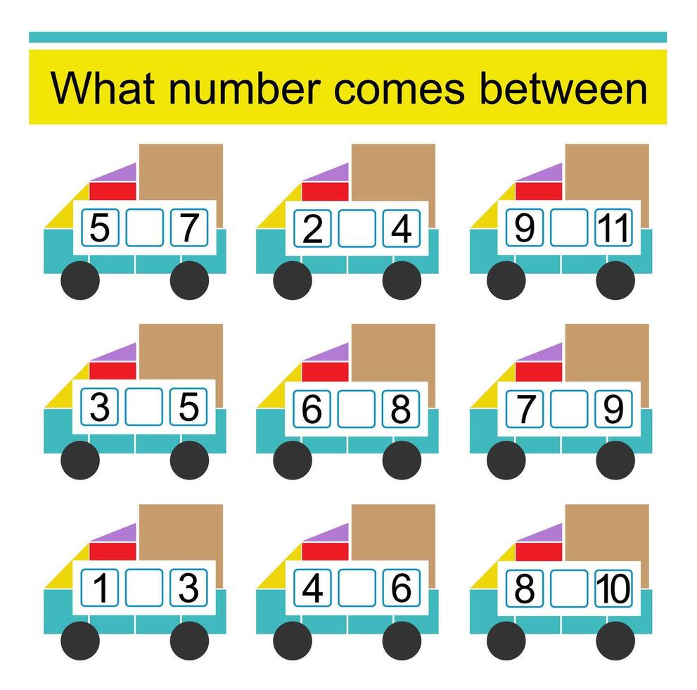 What number comes between Math worksheets for children. illustration of cartoon car. vector